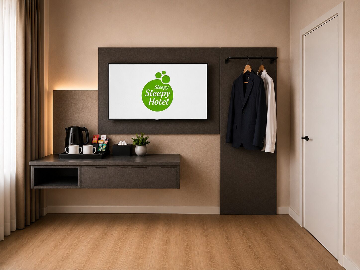 A hotel room with a framed logo, a coffee station, a coat rack, and a door.