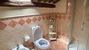 A bathroom with a skylight, a bidet, a toilet, and a shower. - Owl Palace, Royal Owl in Center Town (Lucca)