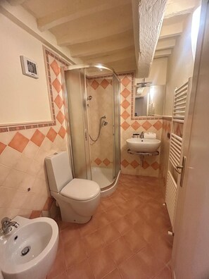 Douche, sèche-cheveux, bidet, serviettes fournies