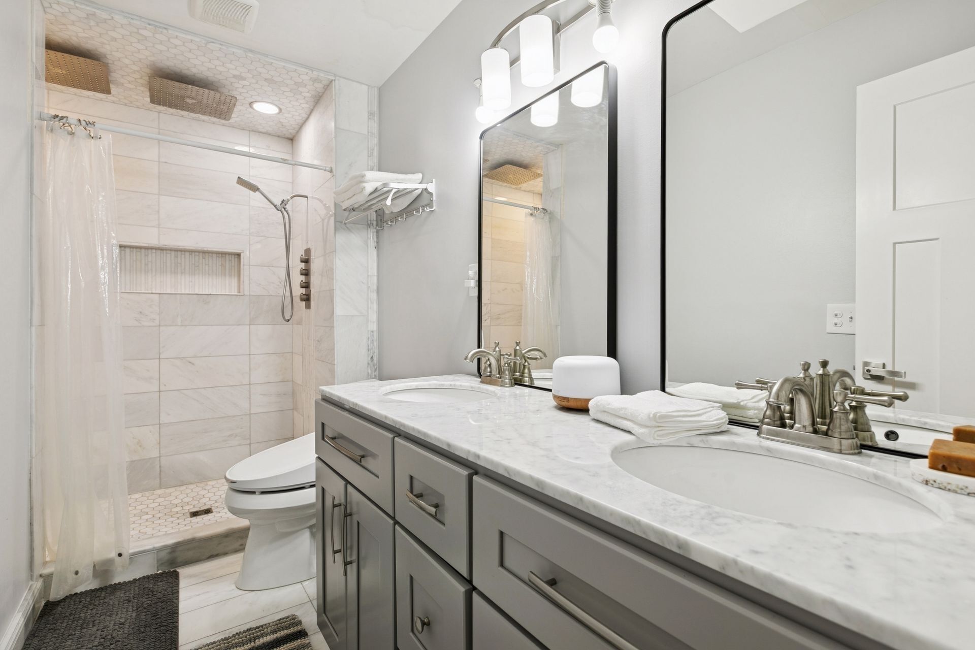 Bidet, towels, soap, toilet paper