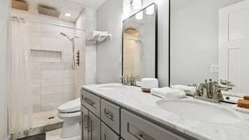 Bidet, towels, soap, toilet paper
