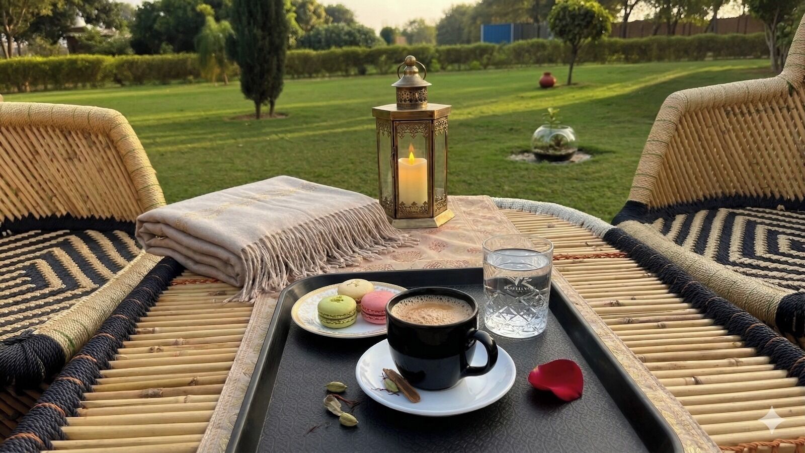 Une table dressée pour un repas, avec une tasse de café, deux macarons, un verre d’eau et une bougie.