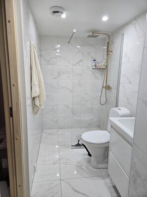 Suihku, hiustenkuivaaja, pyyhkeet, saippua