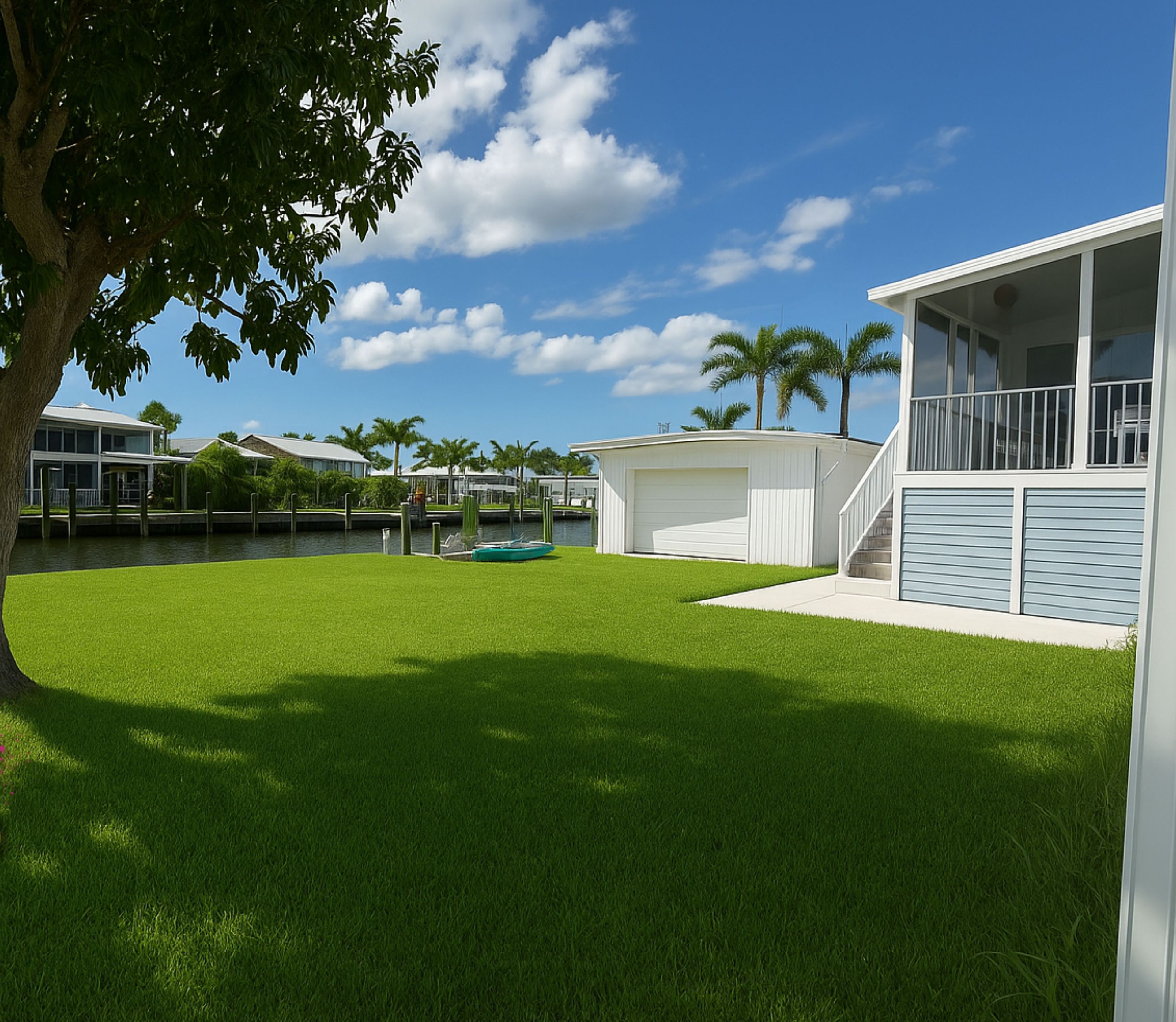A residential area with a large tree, a grassy lawn, and a house with a balcony.