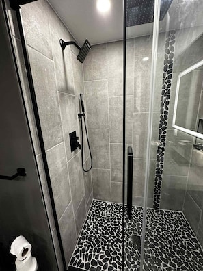 Shower, towels, soap, toilet paper