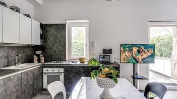 Apartment, Private Pool | Private kitchen | Full-size fridge, microwave, oven, stovetop