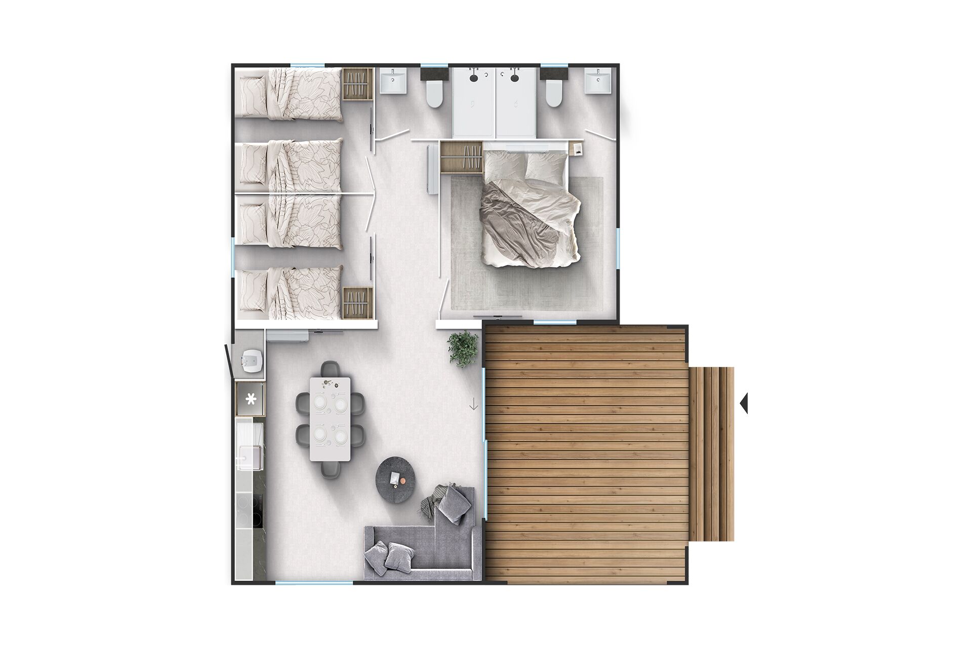 A modern hotel room layout with a bed, a desk, a chair, a small table, and a wooden panel wall.