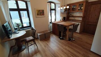 Fridge, oven, stovetop, coffee/tea maker