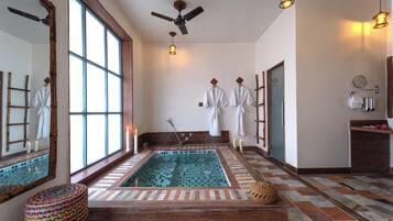 Luxury Double Room, Pool View | Bathroom | Separate bathtub and shower, jetted bath, free toiletries, hair dryer
