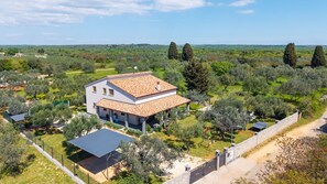 A two-story house with a tiled roof, surrounded by olive trees and a fenced yard.