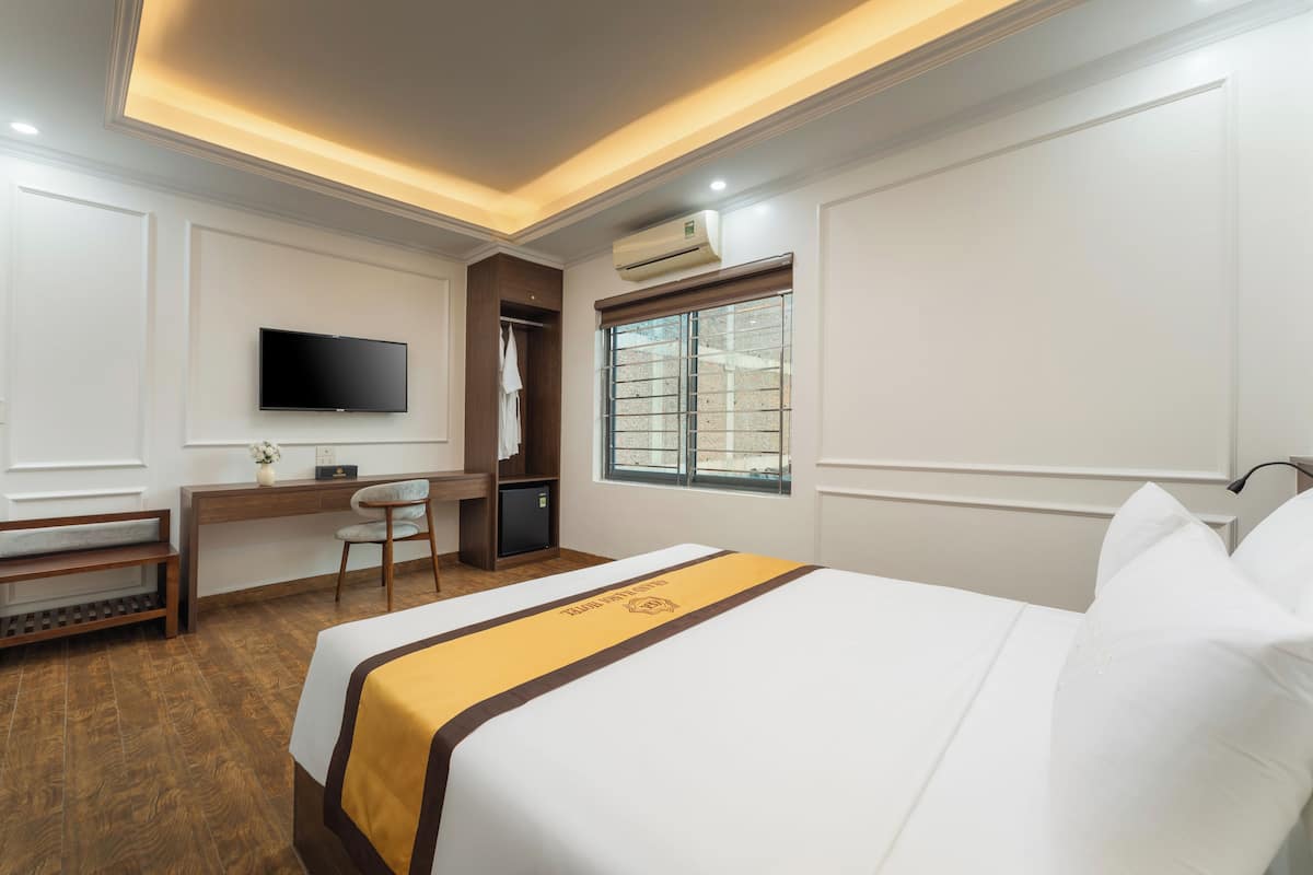 A hotel room with a bed, a desk, a chair, a television, and a window with bars.
