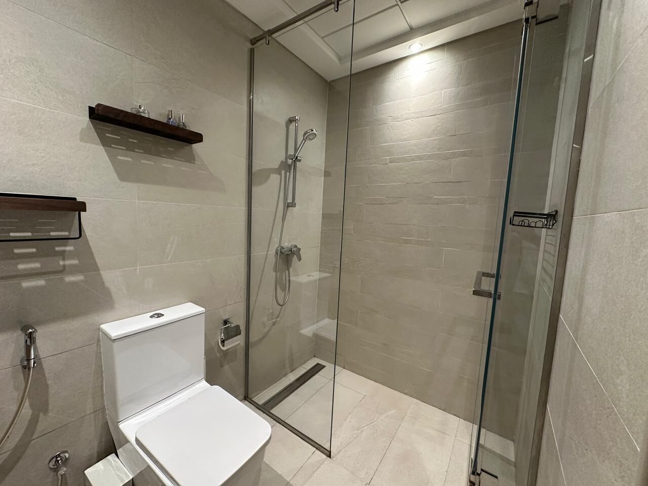 A modern bathroom with a glass-enclosed shower, a toilet, and a shelf with toiletries.