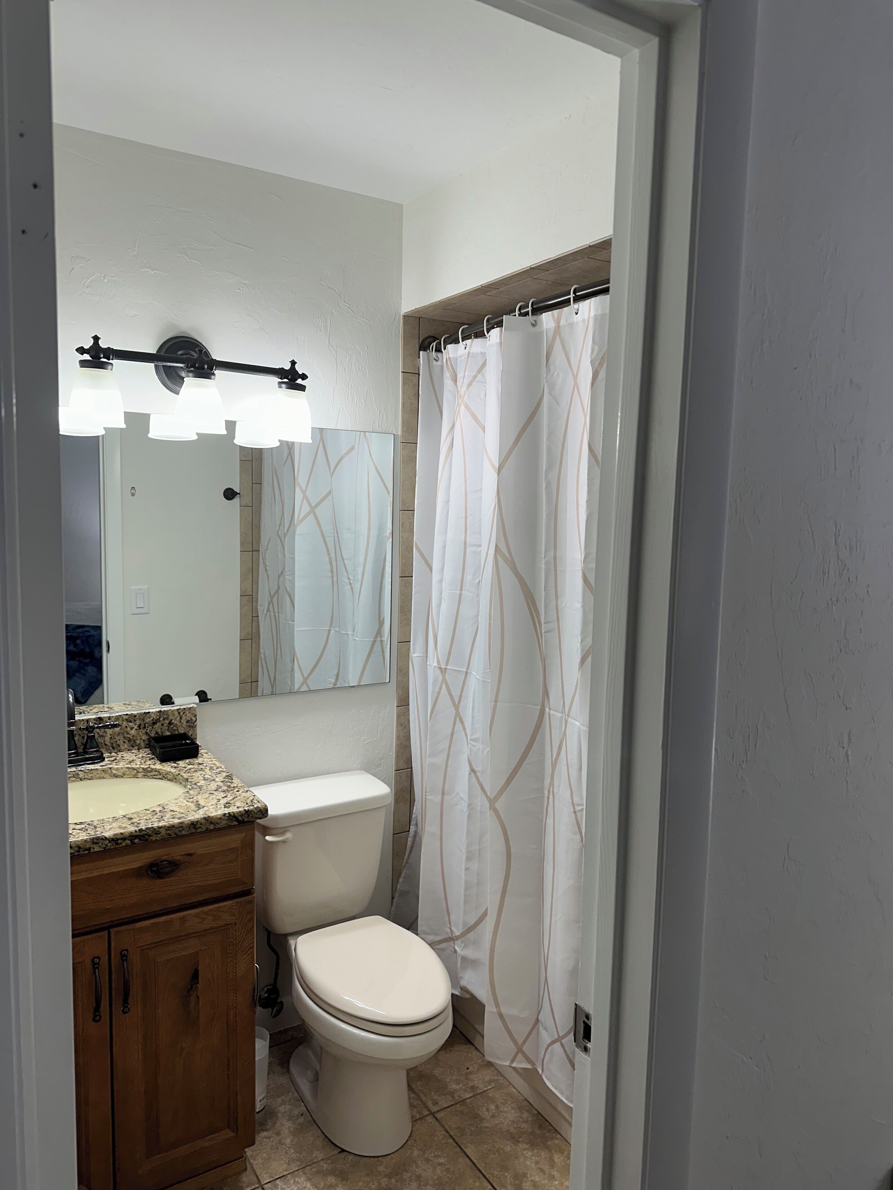 Ein Badezimmer mit Toilette, Waschbecken, Spiegel und Duschvorhang.