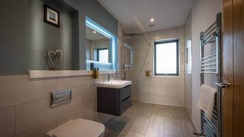 Shower, hair dryer, towels