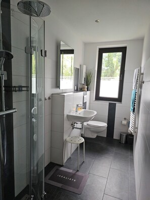 Shower, towels, soap, toilet paper