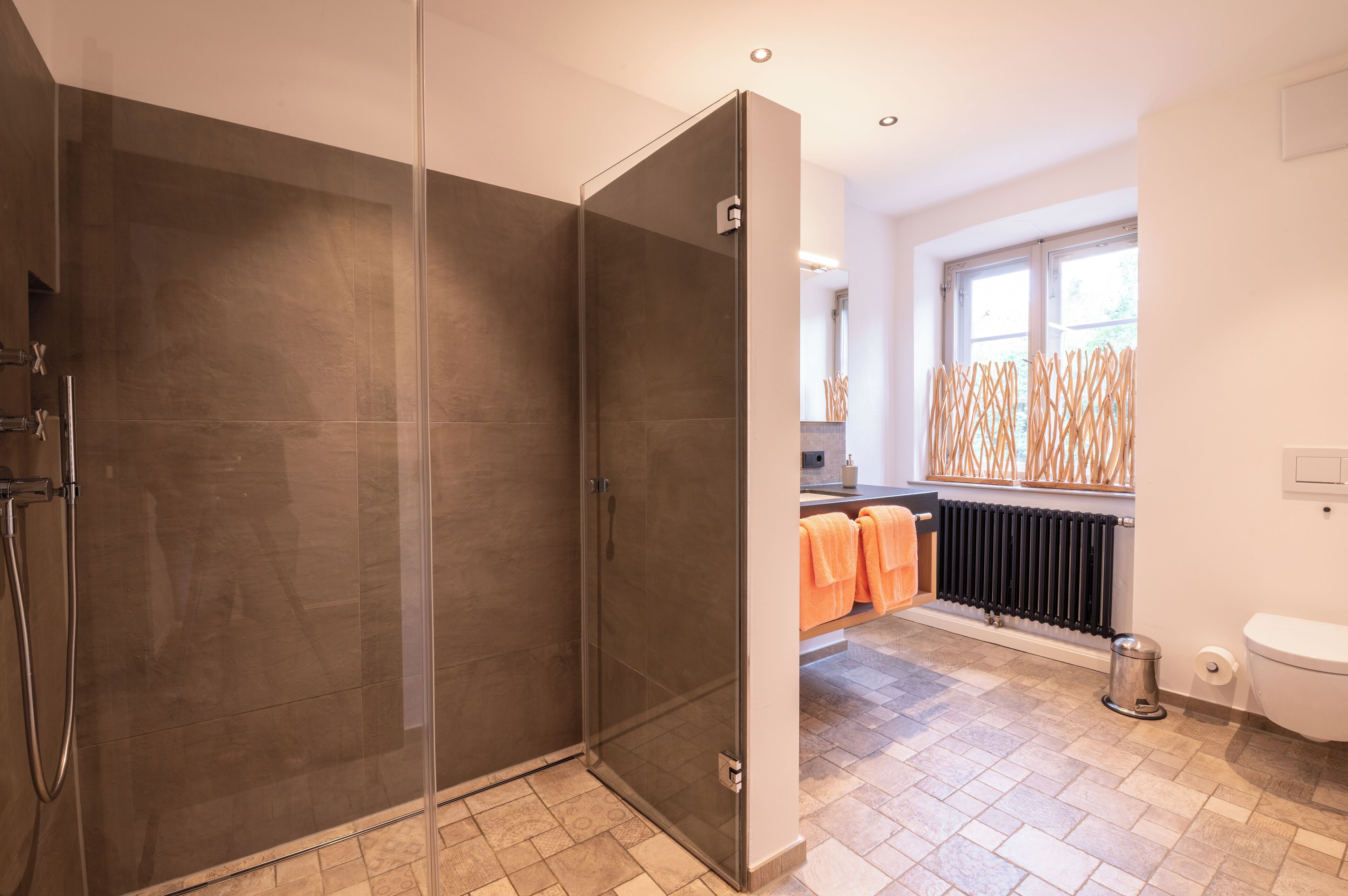 A modern bathroom with a glass-enclosed shower, a toilet, and a radiator.