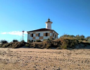A lighthouse with a checkered facade, situated on a sandy beach with sparse vegetation.