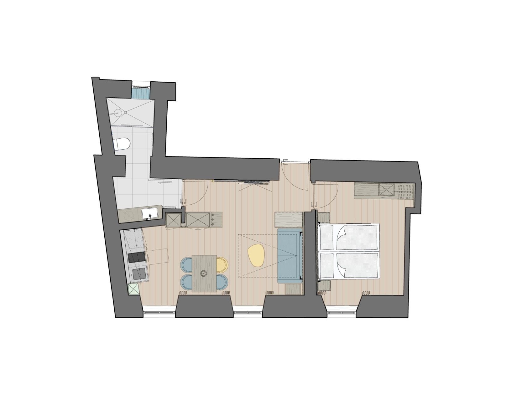 A floor plan of a hotel room with a bathroom, a kitchenette, a dining area, and a bedroom.