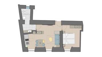 A floor plan of a hotel room with a bathroom, a kitchenette, a dining area, and a bedroom.