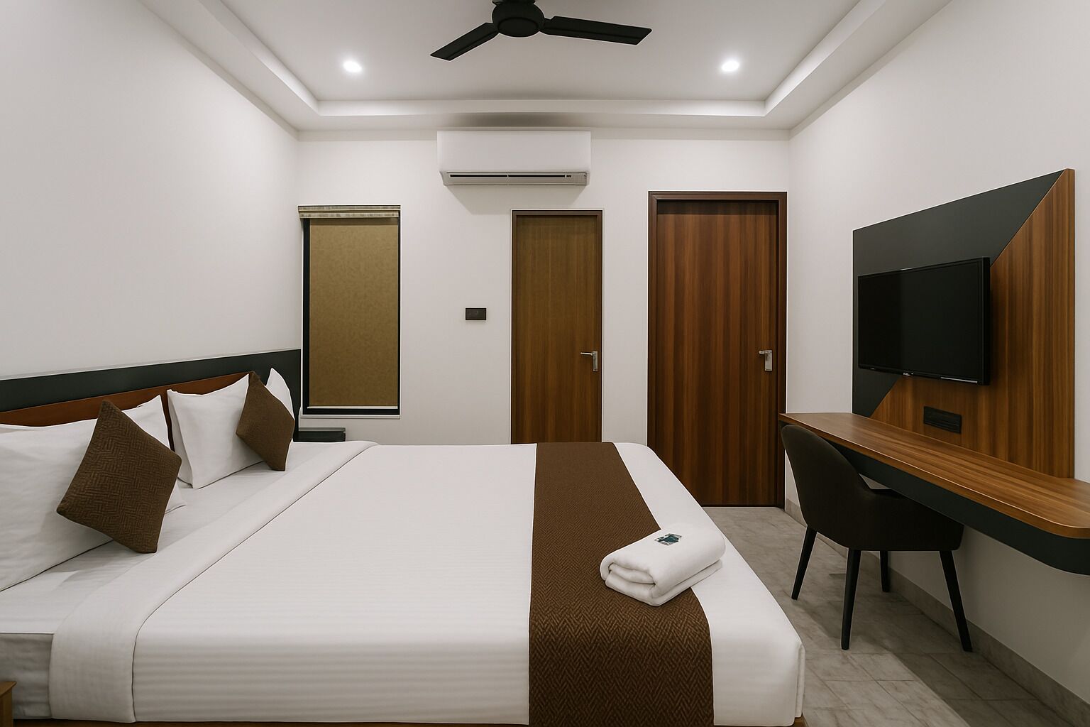 Una habitación de hotel con cama, escritorio, silla, televisor y ventilador de techo.