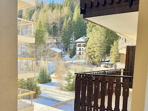 Une vue depuis un balcon doté d’une balustrade en bois, donnant sur un paysage enneigé parsemé d’arbres et de bâtiments.