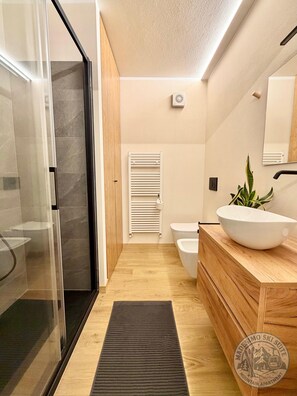 Chuveiro, secador de cabelo, toalhas de banho