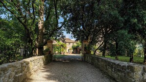 A stone pathway leading to a rustic building with a tiled roof, surrounded by lush greenery.