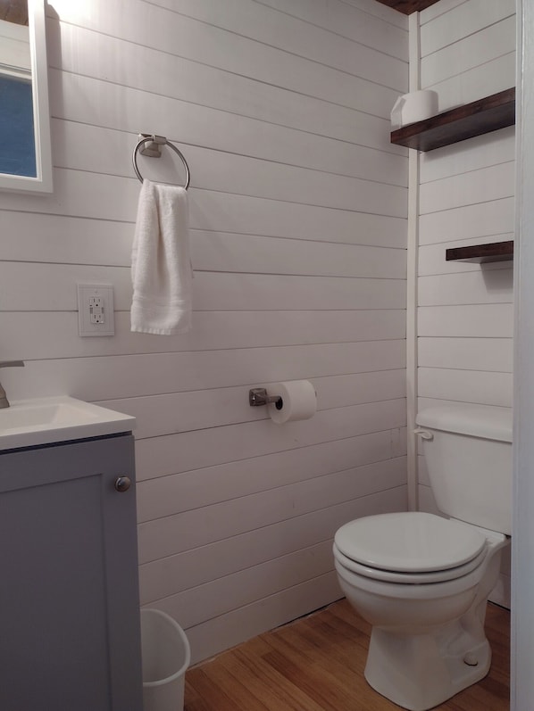 Hair dryer, towels, soap, toilet paper