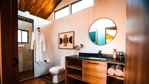 Un baño moderno con tocador de madera, inodoro, ducha y un espejo grande.