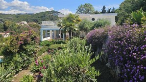 A garden with various plants and a structure with a blue roof. - Villa VISTA - 4 bedrooms, swimming pool, sea view (PORTICCIO)