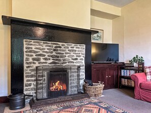 Una televisión, una chimenea
