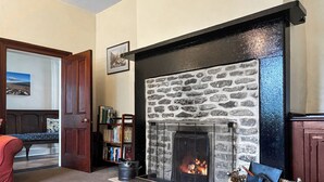 A cozy living room with a stone fireplace, a bookshelf, and a patterned rug.