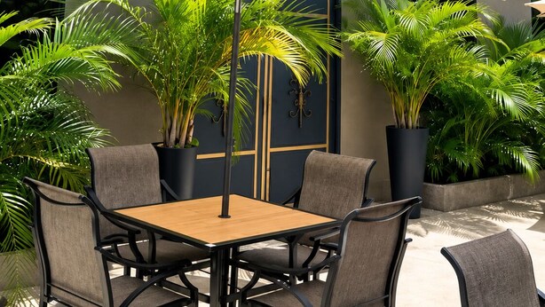 An outdoor seating area with a table and chairs, surrounded by potted plants and umbrellas, in front of a building with the sign 'SEVA NEGRA'. - La Palma Experience (Panama City)