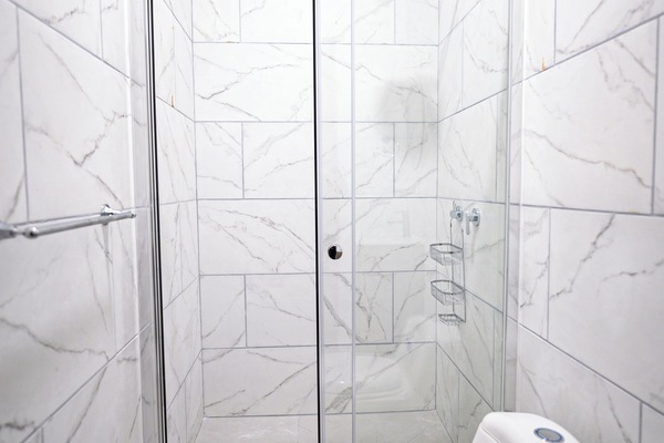 Shower, towels, soap, shampoo