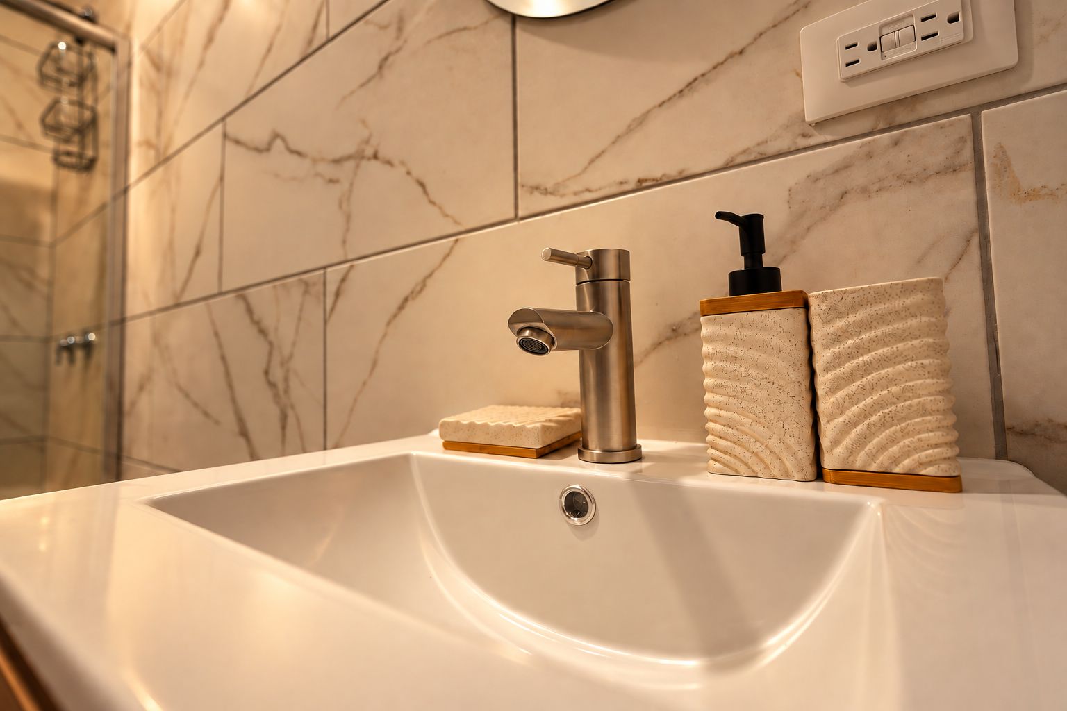Un baño con un lavamanos blanco, una llave moderna y un dispensador de jabón.