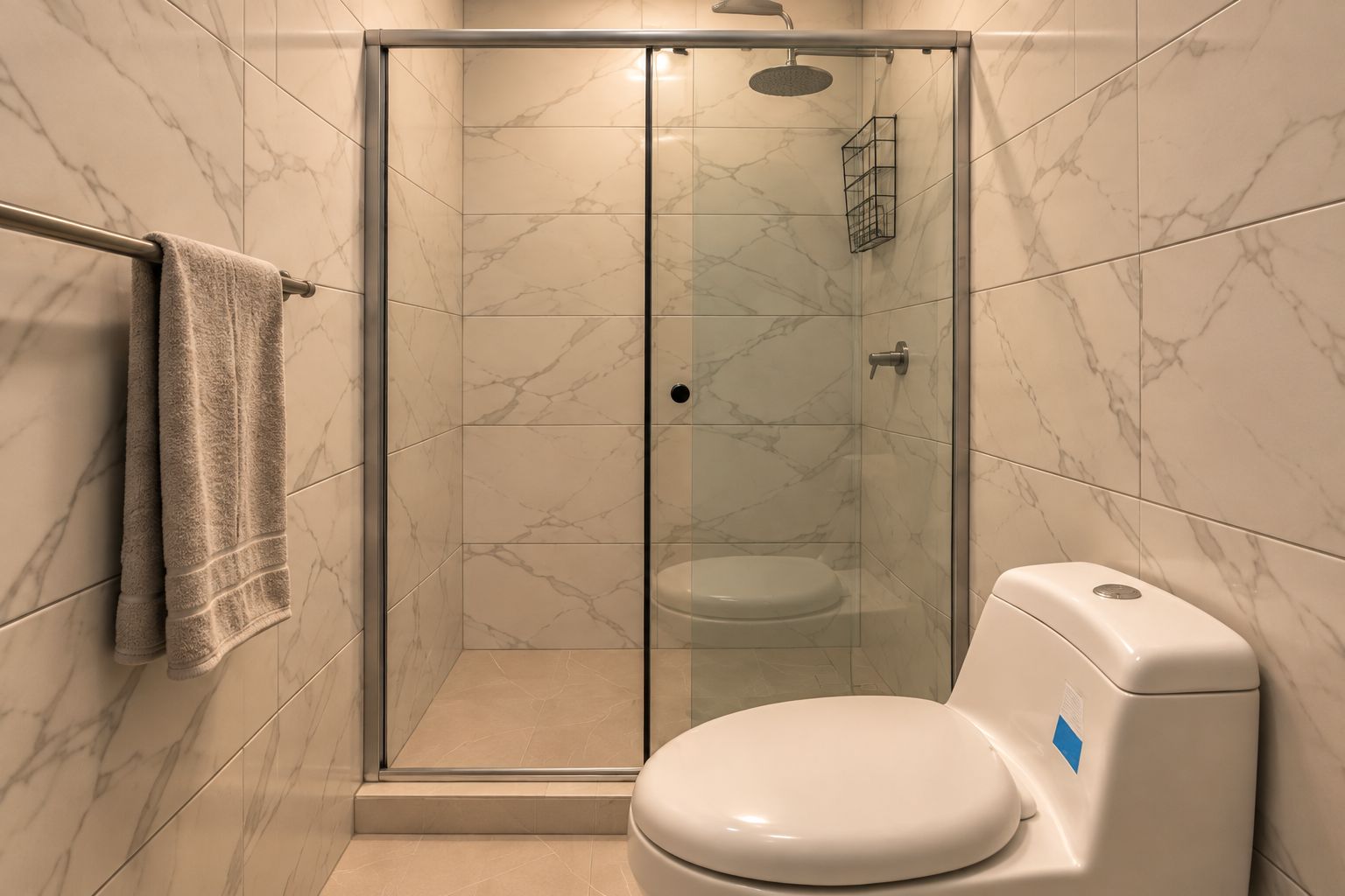 A modern bathroom with a glass-enclosed shower, a toilet, and a towel rack.