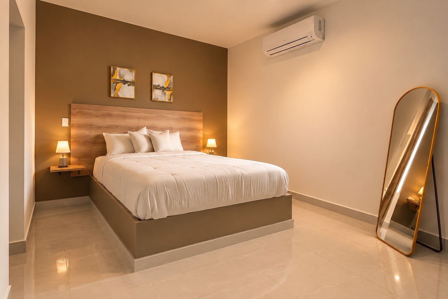Ein modernes Schlafzimmer mit einem großen Bett, Nachttischlampen, einer Klimaanlage und einem Spiegel vom Fußboden bis zur Decke.
