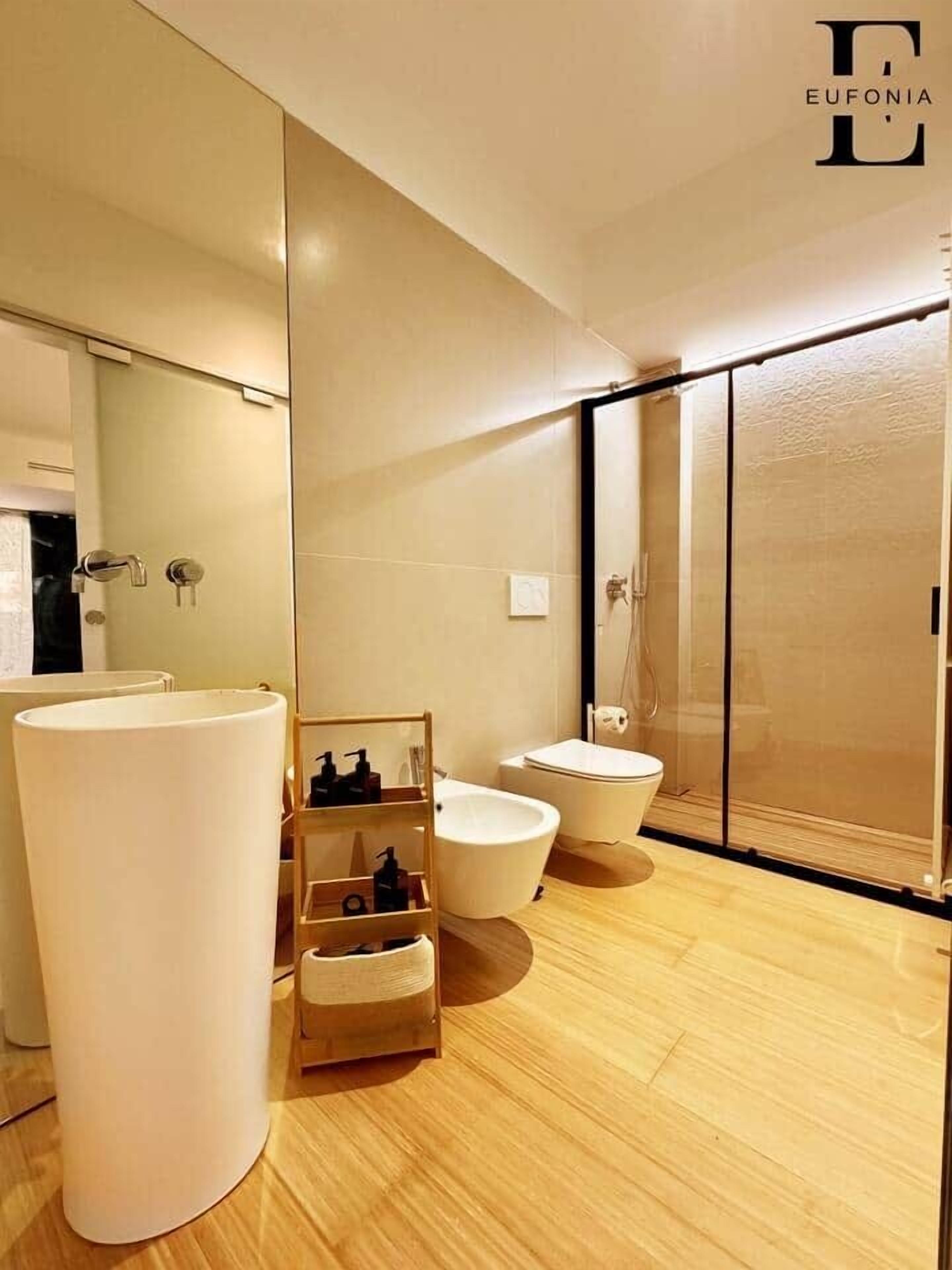 Shower, hair dryer, bidet, towels