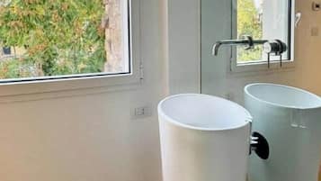Shower, hair dryer, bidet, towels