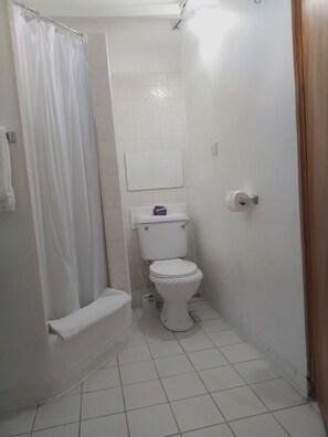 Shower, towels, soap, toilet paper