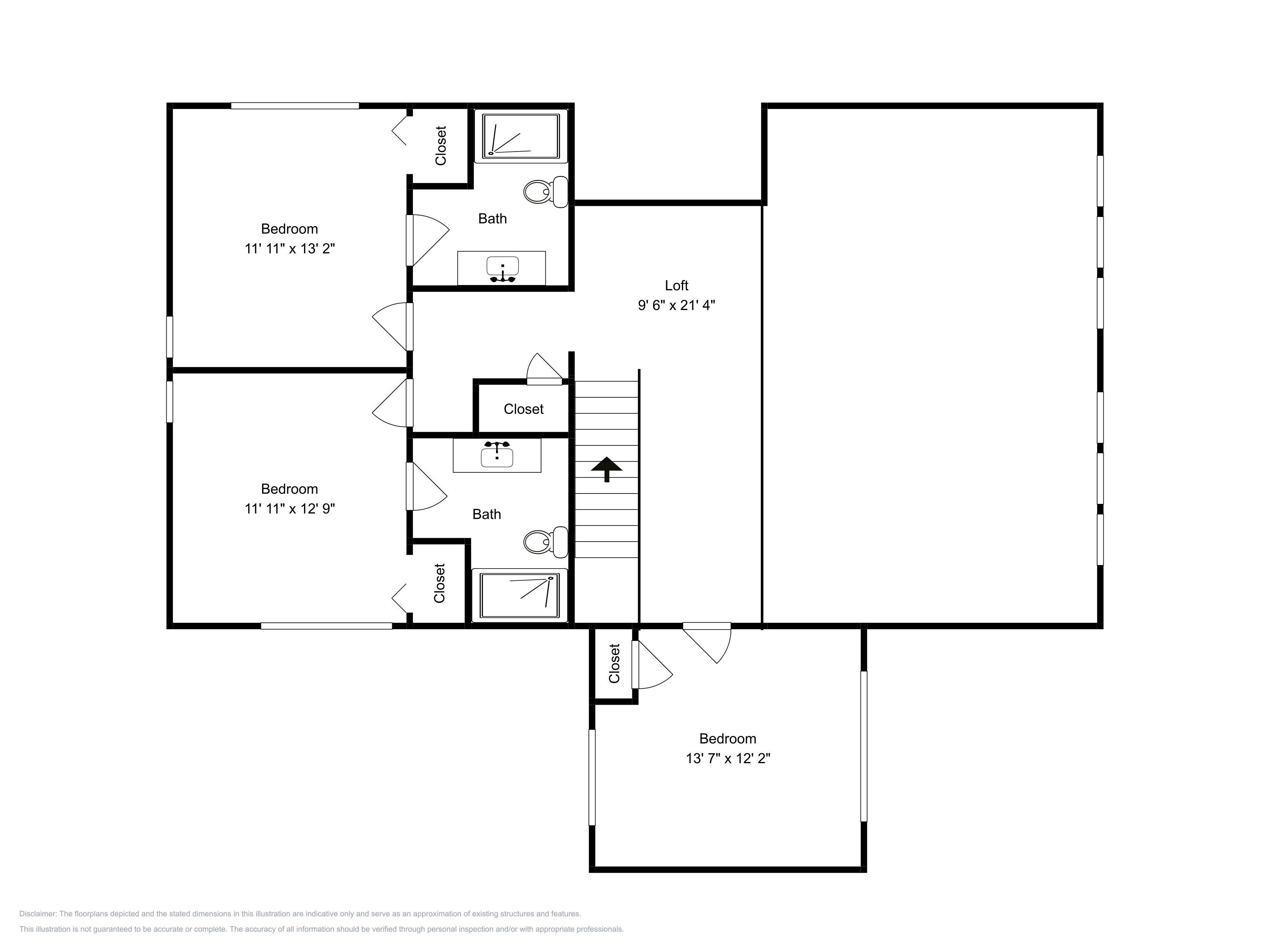 A floor plan with three bedrooms, two bathrooms, and a loft area.