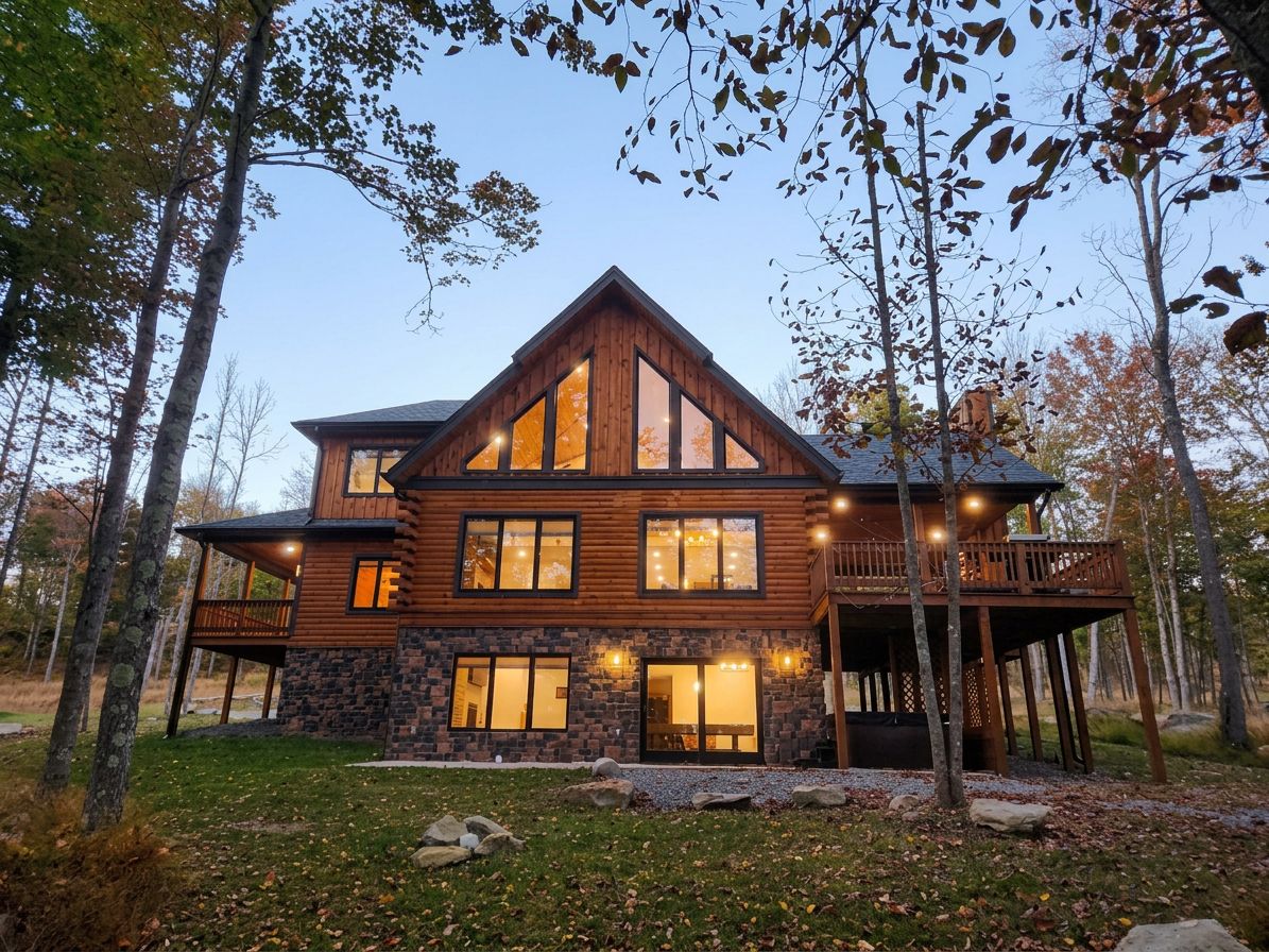 A two-story log cabin with a stone foundation, large windows, and a deck.