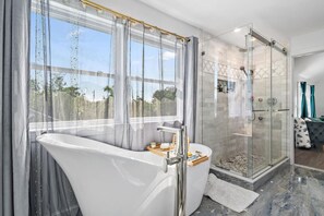 Hair dryer, towels, soap, shampoo