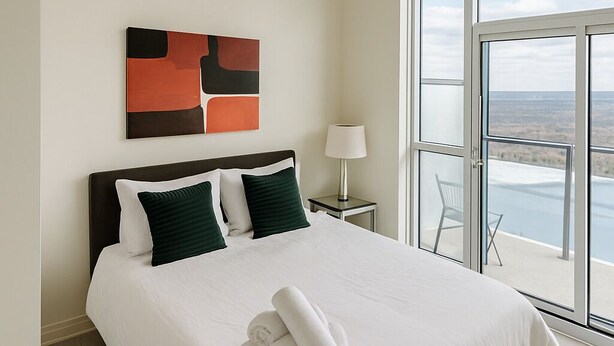 Een moderne hotelkamer met een groot bed, uitzicht op zee en een plafondlamp.