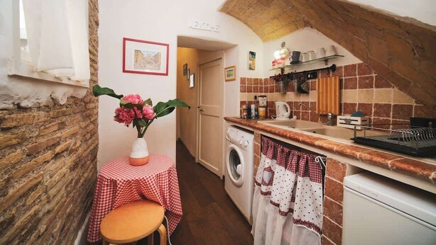 Une cuisine compacte équipée d’un lave-linge, d’une table recouverte d’une nappe à carreaux et d’un vase avec des fleurs.