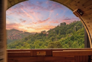 A view through a wooden arch window overlooking a hillside with buildings and lush greenery.