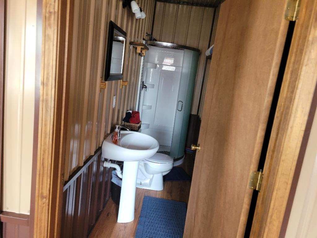 Een douche, handdoeken, zeep, toiletpapier