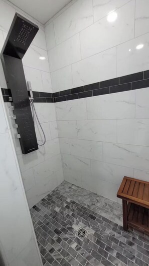 Douche, séchoir à cheveux, serviettes fournies, savon