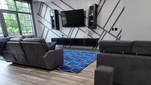 A modern living room with a large window, grey sofas, a blue patterned rug, and a flat-screen TV mounted on the wall.