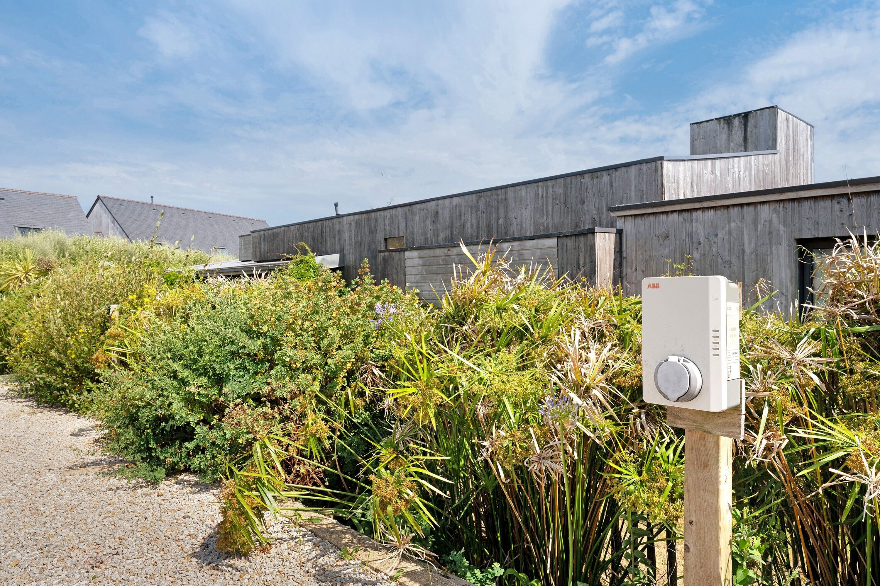 A building with a gravel path, dense vegetation, and a utility box.